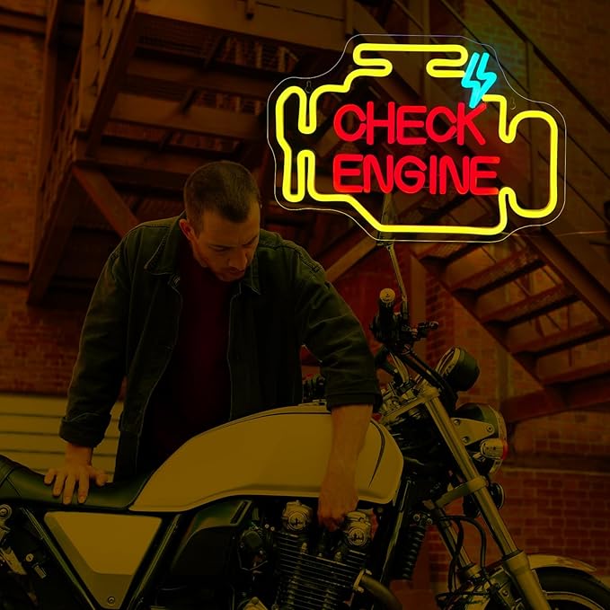 Check Engine Neon Sign, JGHTURIE Man Cave Neon Signs for Wall Decor Garage Car Room Yellow Light Up Sign Auto Repair Workshop Led Signs USB Powered