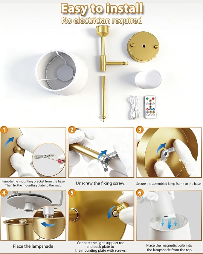 Adetu Battery Operated Wall Sconce Set of 2, Gold Wireless Battery Wall Lights