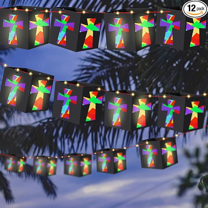 VIHOSE 24 Sets Easter Religious Cross Craft Christian DIY Hanging Lantern Tissue Paper Crafts Included Light String Make Your Own Paper Lantern Decorations for Church Sunday School VBS Activities