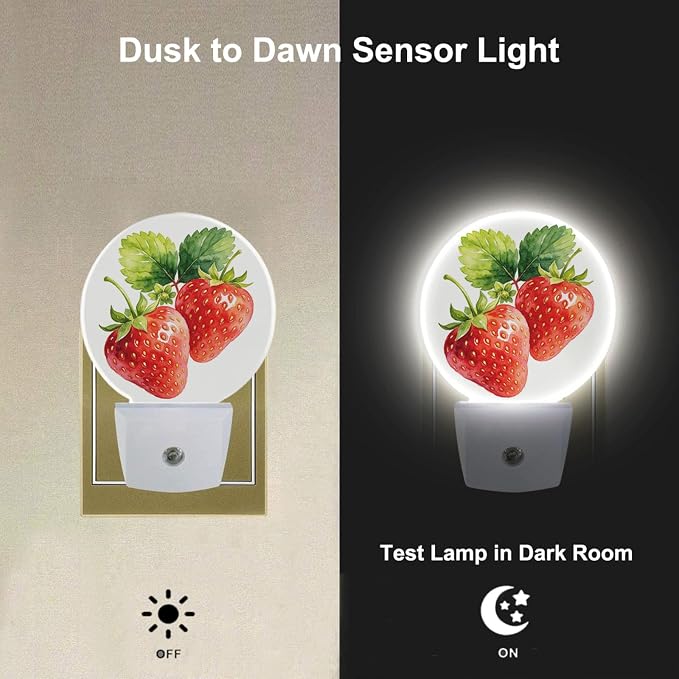 EKOBLA Strawberry Night Light, Cute Red Fruit Watercolor Night Lights Plug Into Wall with Auto Sensor for Home