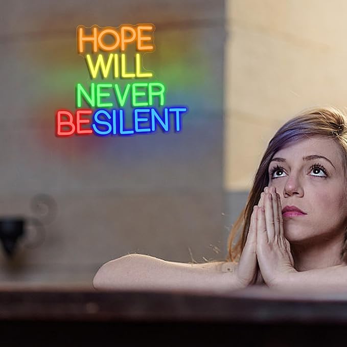 Hope Will Never Be Silent Neon Sign Usb Powered Colorful Rainbow Neon Light Dimmable Motivational Letter Light Up Sign for Bedroom Office Gym Classroom Party Church (14.96 * 12.6 in)