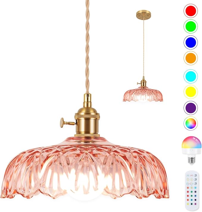 Battery Operated Pendant Light,Vintage Light Fixtures RGB Light Bulb 2500mAh 9.4in Pink Modern Chandelier with Remote Control Wireless Adjustable Rechargeable Chandelier for Kitchen Island 1Light