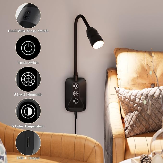 LED Wall Mounted Reading Light with Wave Sensor/Touch Switch, 5 Color & 5 Level Dimmable Touch Book Light for Reading with USB C Charging Port, Eye-Care Bedside Reading Lamp for Bed,Heaboard (Black)