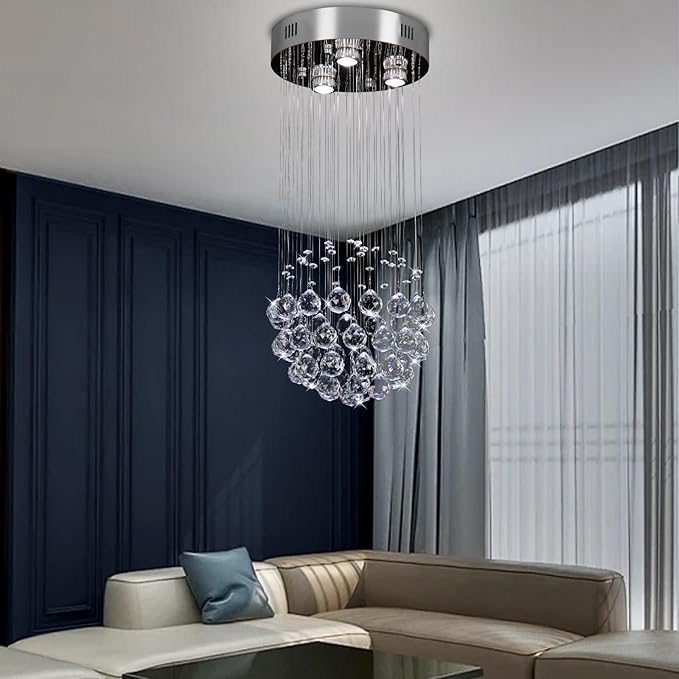 CLAIRDAI Modern Chandeliers Crystal Round Raindrop Chandelier Lighting Flush Mount Ceiling Light Fixture Crystal Raindrop Pendant Light for Living Entryway Room Dining Room,3*GU10 Bulbs