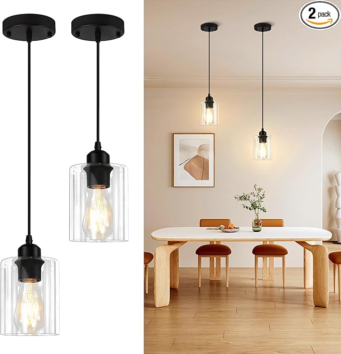 CANMEIJIA Modern Black Farmhouse Pendant Light with Glass Shade, Industrial Pendant Lighting, Island Lights for Kitchen, Modern Hanging Light Fixtures for Kitchen Island Decor (Black 2 Pack)