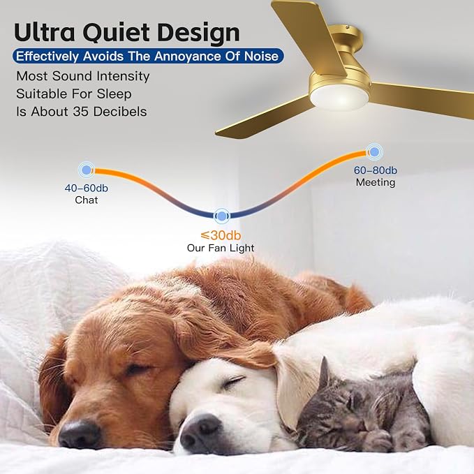 42 Inch Ceiling Fans with Lights And Remote, 3CCT/Flush Mount/6 Speed/Gold | Flush Mount Low Profile Ceiling Fan, 6 Speed Noiseless LED Ceiling Fan, All Gold Ceiling Fan for Bedroom Living Room