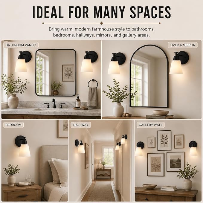 Wall Light Fixtures 2 Pack, Matte Black Vanity Lights with Milk Glass Shades, Modern Farmhouse Wall Sconces for Gallery, Mirror, Bedroom, and Bathroom