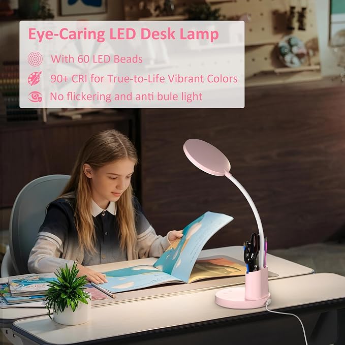 LED Desk Lamp for College Dorm with Pen Phone Holder, Pink | 3 Color Modes Dimmable Desk Light, College Dorm Essentials, 360° Adjustable Arm, Eye-caring Bedside Reading Lamp, 800 Lumen