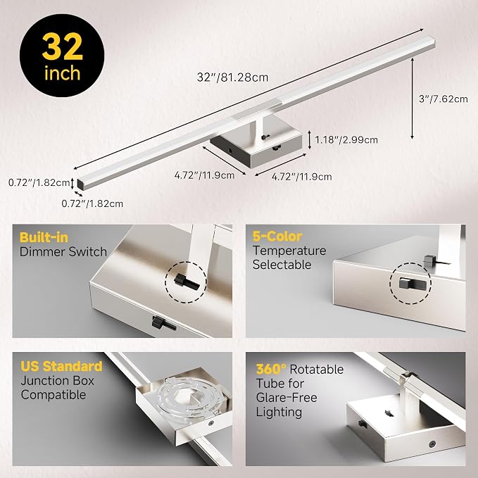 32 Inch Brushed Nickel Bathroom Vanity Light, Built-in Dimmer 2700K-6000K 1450LM LED, 360° Rotatable Bathroom Lights Over Mirror for Makeup, Shaving, Restroom, Powder Room ETL FCC