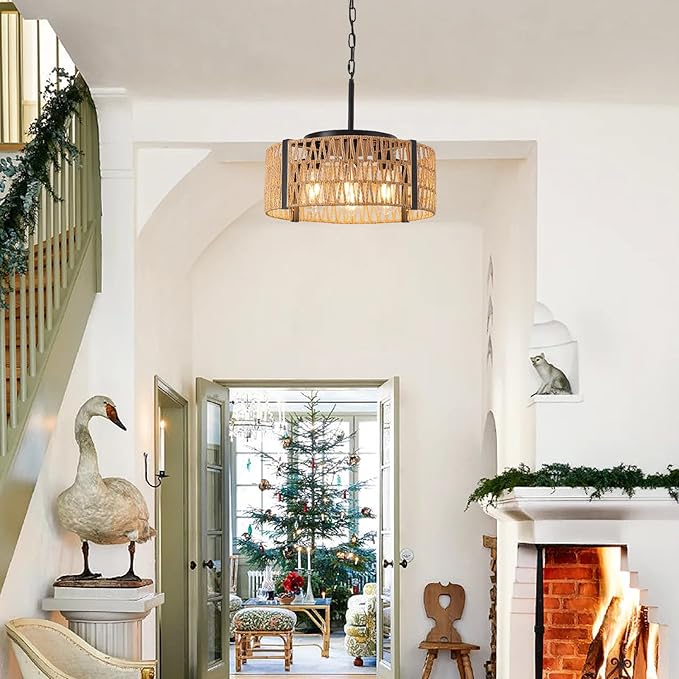 Boho Rattan Chandelier,4-Light 17.7”Chandeliers for Dining Room Hand Woven Rattan Light Fixture Farmhouse Chandeliers for Kitchen Island Bedroom, Living Room, Foyer (E26 Bulbs Not Included