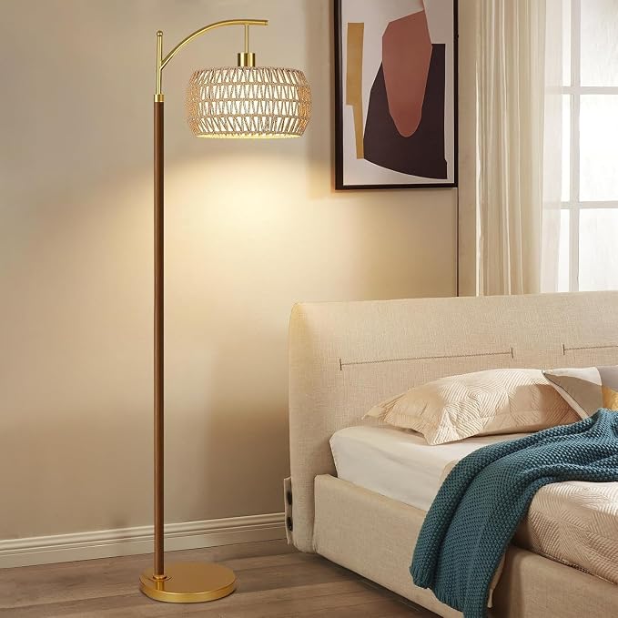 ZECOXOL Wood Floor Lamps for Living Room Arc Boho Floor Lamp with Remote Control & 3 Color Temperatures,Vintage Wicker Rattan Standing Lamp Dimmable Tall Floor Lamp for Bedroom Living Room Corner