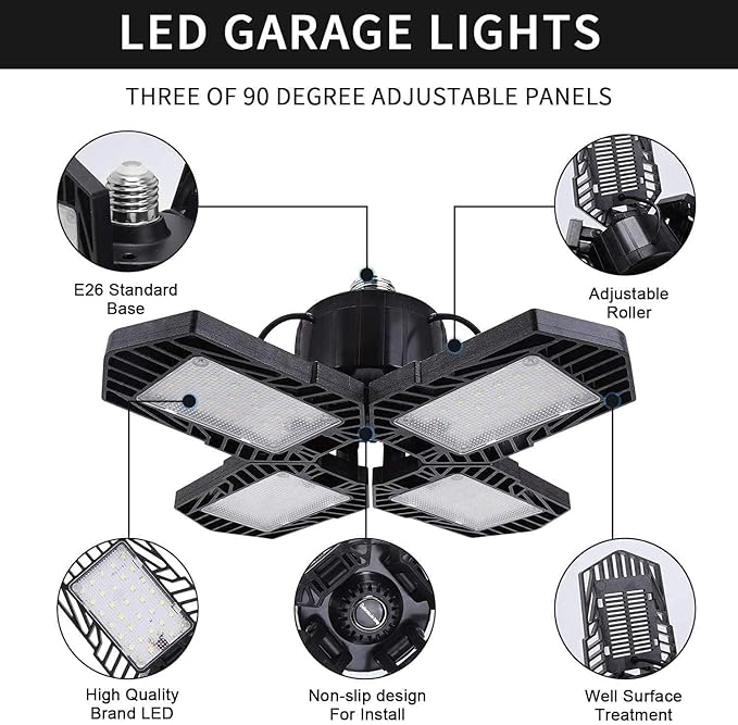 4Pack LED Garage Lights, 100W Deformable LED Lighting 10000LM E26 Daylight 6000K Super Bright Adjustable Lights for Warehouse