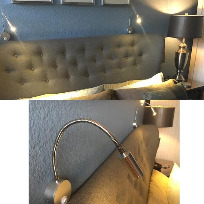 3W Wall Mounted Reading Light Flexible Gooseneck LED Sconce Lamp with Plug & Switch for Bedroom, Office, Workbench, Studio (01 Silver Warm)