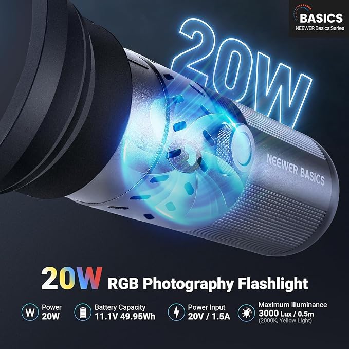 NEEWER BASICS 20W RGB Photography Flashlight with 4 Colors/20 Gobo Filters, Built in 49.95Wh Battery, 6300K CRI95+ Portable LED Spotlight Ambient Sunset Light for Video Recording Studio Lighting, FL20