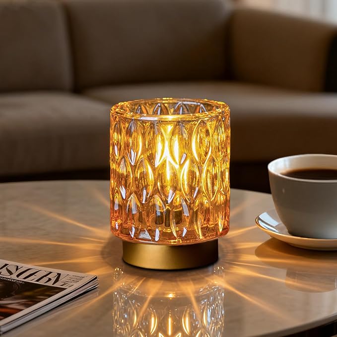 Battery Operated Table Lamp Timer, Small Cordless Lamps Decorative, Amber | Mini Crystal Lamp for Area No Plug, LED Battery Powered Lamps Wireless, Glass Accent Light for Bathroom Fireplace Shelf Decor