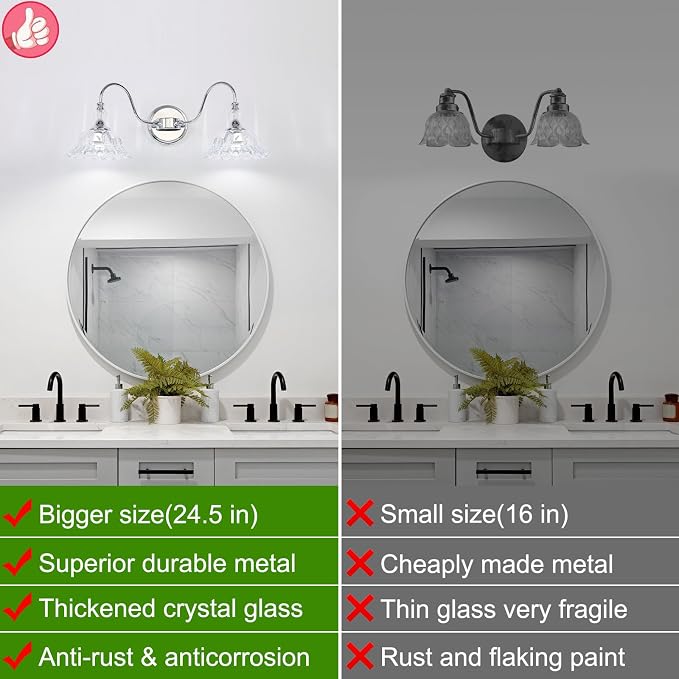 Modern Bathroom Vanity Light Fixtures 2 Lights Chrome Vanity Lights for Bathroom with Floral Crystal Glass Shade Modern Wall Lamp for Mirror(Exclude E26 Bulb)
