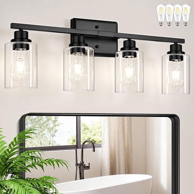 Modern Black Bathroom Light Fixtures, 4-Light Vanity Lights Over Mirror with E26 LED Bulbs Included, Wall Sconce with Clear Glass Shades for Living Room Bedroom Hallway Kitchen