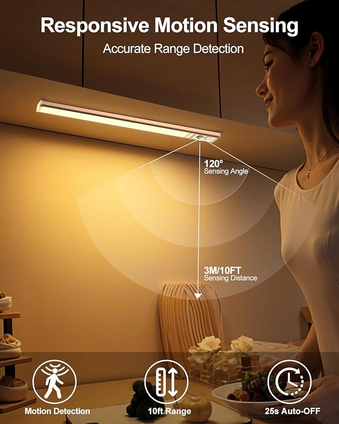 LED Under Cabinet Lighting | 2000mAh Motion Sensor Under Counter Lights for Kitchen | USB Rechargeable Cabinet Lighting Wireless Dimmable Night Light for Closet Wardrobe Cupboard Stairs, 2 Pack