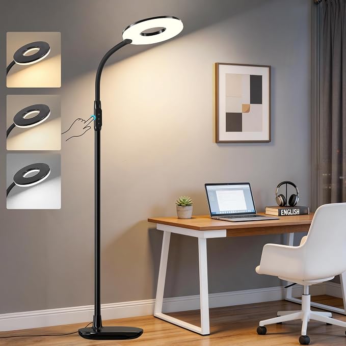 70'' Bright LED Floor Lamp Floor Lamps for Living Room, Office,Black | Dimmable & 3 Color Temperature, Touch Control Standing Tall Lamp, Gooseneck Floor Light for Sewing, Craft, Bedroom, Corner
