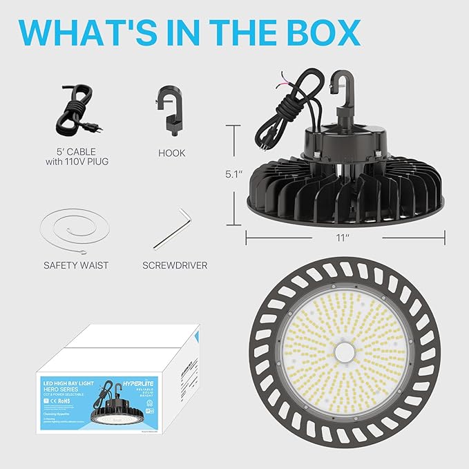 HYPERLITE LED High Bay Light 150W 21,750lm 5000K 1-10V Dimmable UL Listed US Hook 5' Cable Alternative to 650W MH/HPS for Gym Factory Warehouse 10-Pack