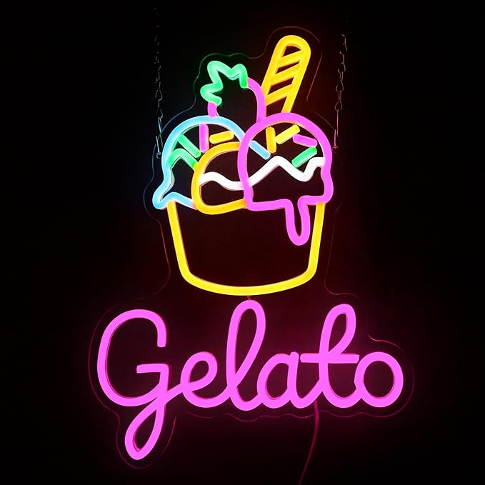Ice Cream Neon Sign Gelato Neon Sign Dimmable Wall Decor for Store Game Room Kids Room Party Decoration 17.6 * 13.2 Inch