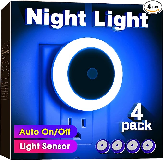 Blue Night Light, LED Night Lights for Kids, Plug in Nightlight | 4 Pack Hallway Lights, Wall Light, Night Light for Adult, Blue Light, 0.6W 60LM