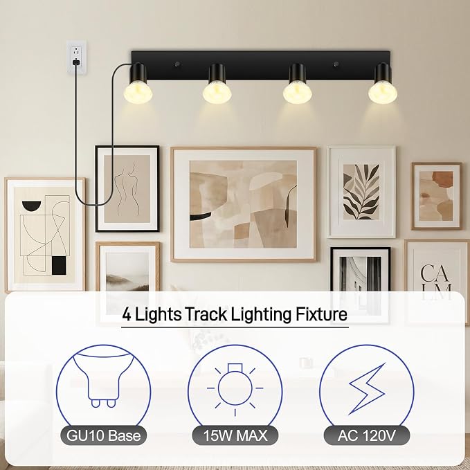 AUQUEE Plug in Track Light, 23", Black, 4 Way GU10 Wall Spotlight | Track Ceiling Lighting Fixtures, Rotatable Track Head, LED Wall Light for Kitchen Cabinet Gallery Bar Hallway Living Room