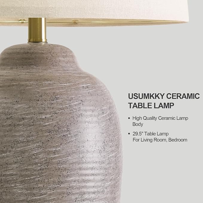 USumkky 29.5" Tall Vintage Ceramic Table Lamp with 5FT Cord - Single Large Rustic Farmhouse Bedside Lamp with Linen Shade & Natural Textured Finish, Nightstand Table Lamp for Bedroom End Table,Grey