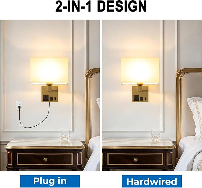 Plug in Wall Sconces, Wall Lamp with Brass Base Square lampshade | Wall Lamps for Bedroom Bulb Included, Wall Mounted Lamp with 3 Color Temperature, Bedside Lamps with USB Ports and AC Outlet