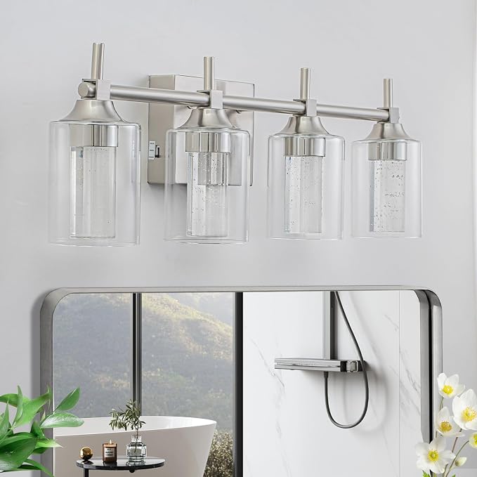 Vanity Light with 3 Color Modes (3000K/4000K/6000K), Eye Protection LED Bathroom Light Fixture, Dimmable Modern Wall Light Over Mirror with Clear Glass Shade (Brushed Nickel, 4-Light)