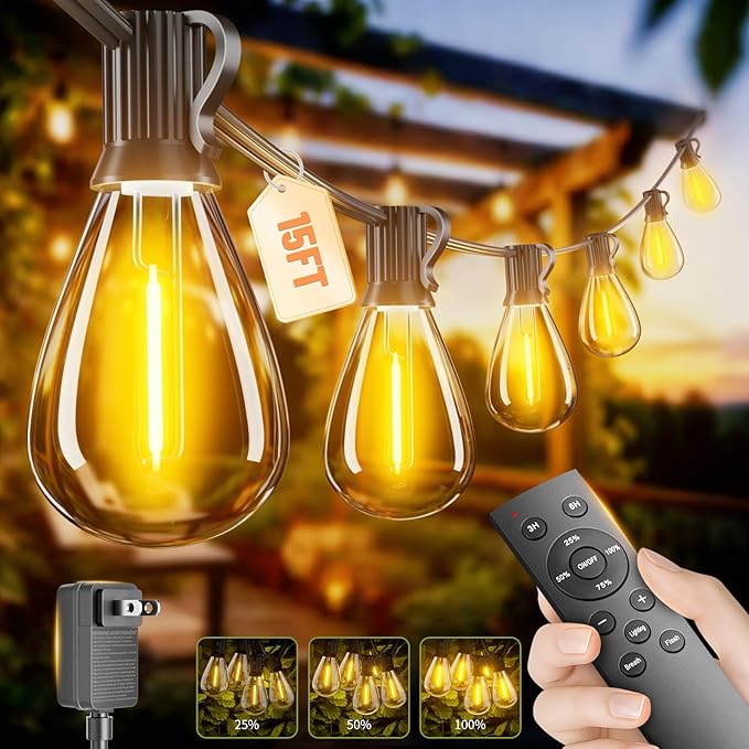 15FT Outdoor String Lights with Remote & Dimmable, 8+1 Shatterproof Waterproof Bulbs, Dimmable Outside Hanging Patio Lights for Backyard, Porch, Deck, Garden 2700K Warm White