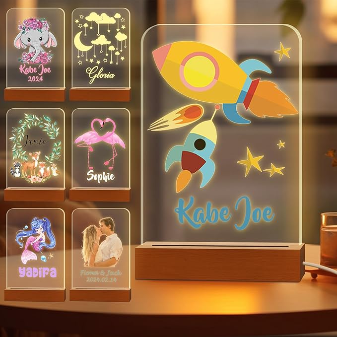 Personalized Night Light for Kids Custom Engraved Name Acrylic LED Lights with Wood Base for Nursery Bedroom Decor Night Lamp, Customized Birthday Gifts for Boy and Girl,Rocket