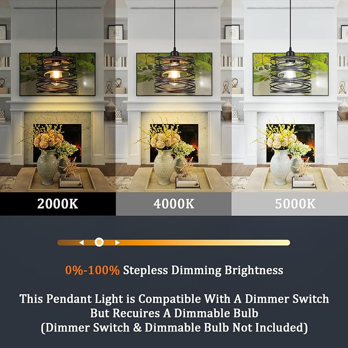 Pendant Light, Kitchen Island Hanging Light Fixtures Wood Farmhouse Metal Pendant Lighting for Dining Room Bedroom Bar Office, Industrial Black, 1 Pack