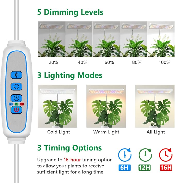 Aumtrly Plant Light White 2 Pack, Desk LED Grow Lights for Indoor Plants | Freestanding Base, 26" Adjustable Height, 6/12/16H Auto Timer, 5 Brightness Levels, Full Spectrum for Seedlings & Plants