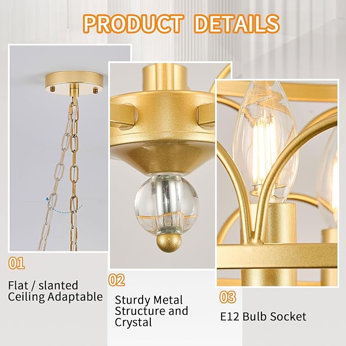 5-Light Chandelier E12 Base Round 15.2in - Gold Metal Farmhouse Lantern Pendant Light Fixture,Adjustable Hanging Ceiling Lighting,for Kitchen Island,Entryway,Dining Room,Living Room
