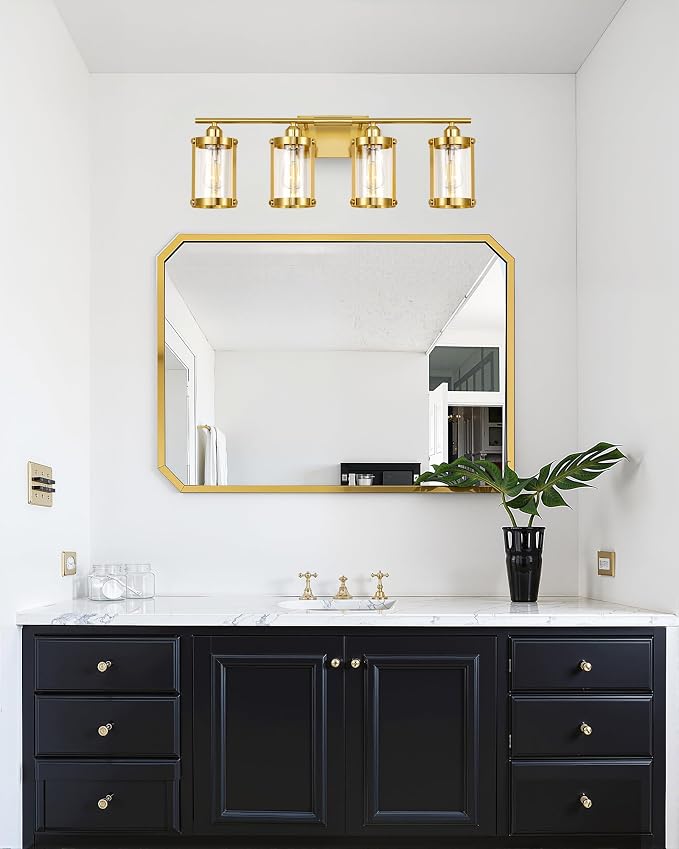 4-Light Brushed Gold Bathroom Light Fixtures with Clear Glass and Metal Cage, 29 Inch Modern Brass Vanity Lighting Over Mirror Wall Sconce Lights for Bath, E26, Rust-Proof, OS-3014BG-4W