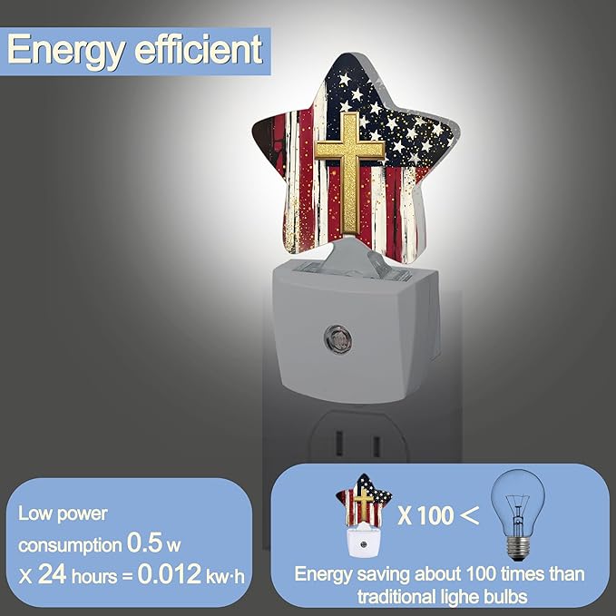 Night Light,American Flag Cross Plug into Wall with Dusk to Dawn Light Sensors,Vintage Warm Star Nightlights for Bedroom,Bathroom,Hallway,Kitchen Home Decor Desk Lamp