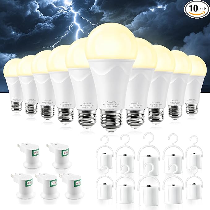 Rechargeable Light Bulbs, 9W Battery Operated Light Bulbs | Power Outage Lights, Emergency Lights for Home Power Failure, 3000K Daylight, 10 Pack