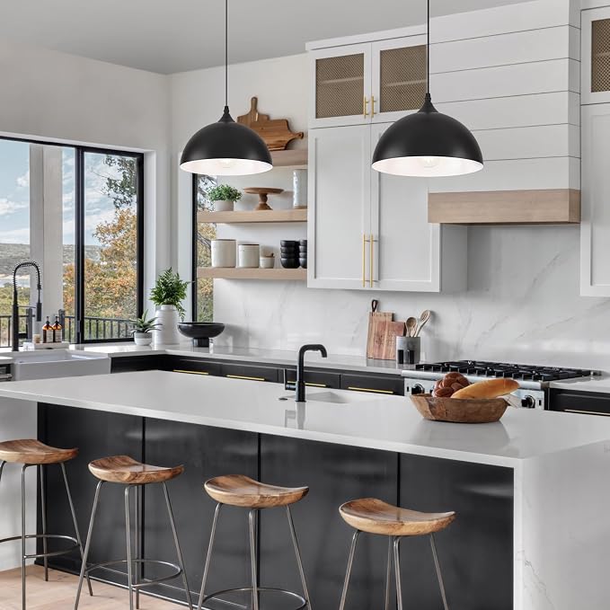 Farmhouse Pendant Lights Kitchen Island, 11.8 inches Black and White Pendant Light Fixtures, Black Dome Pendant Light, Modern Pendant Lights for Kitchen Island Dining Room Bedroom, 1 Pack