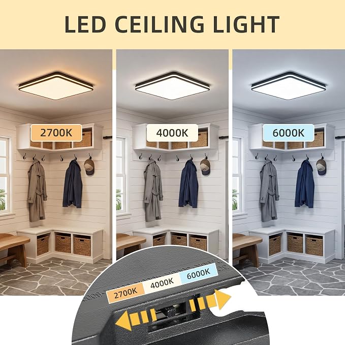 18 Inch LED Flush Mount Ceiling Light, White Ceiling Light Fixture with Side Light, 50W,4500LM, 2700K/4000K/6000K CCT Selectable, Square Lamp for Bathroom, Closet, Kitchen, Hallway, Bathroom