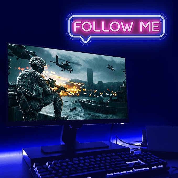 Lumoonosity Follow Me Neon Sign - USB Powered Follow Me Neon Lights for Streamers/Influencers/Gamers – Blue&Pink Led Signs for Wall, Bedroom, Game Room Decor – Live Streaming Neon Signs - 16.5 * 4.7-inch