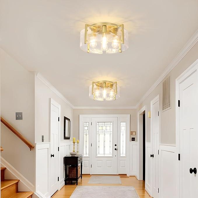 Gold 4-Light Semi Flush Mount Ceiling Light,17.7'' Modern Glass Drum Fixture,Farmhouse Hallway Light Fixtures,Ceiling Lights for Foyer Entryway Bedroom Kitchen Island Dining Room Living Room