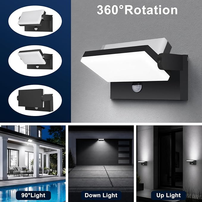 60W Motion Sensor Outdoor Wall Lights 360° Rotatable 5000K | IP65 Waterproof Aluminum Exterior Security Lighting 5000LM Hardwired Black Wall Mount Light Fixture for Porch Garage