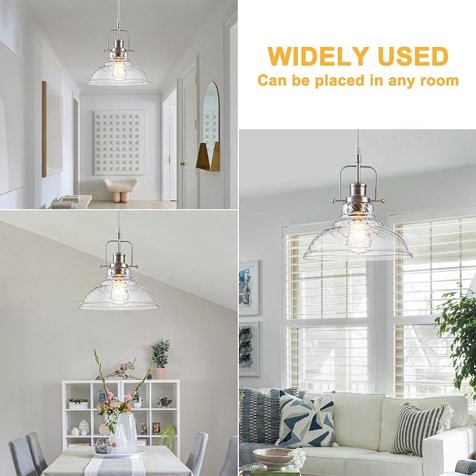 WILON Striped Glass Modern Pendant Light for Kitchen, Brushed Nickel | 11'' Striped Glass Shade, Adjustable Height, E26 Ceramic Socket, 60W MAX, Farmhouse Style for Dining Room Kitchen Over Sink