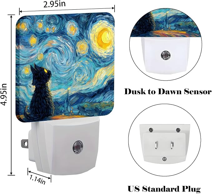 Starry Night Cat Night Light,Plug-in Nightlights Auto Sensor Night Lamp Dusk-to-Dawn Lamp Home Decor for Nursery Children Girls Boys
