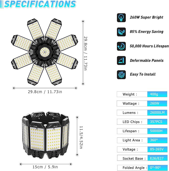 ISKYDRAW LED Garage Lights 4 Pack, 260W 26000LM Bright Shop Light | 8+1 Deformable Panels,6500K Daylight,Screw in E26/E27 Bulb Socket,Garage Lighting for Workshop Basement Barn Attic