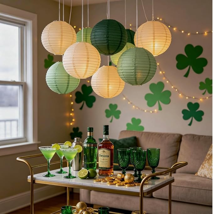 Boho Chinese Paper Lanterns LED Lights, 10-Pack 10inch | Hanging Lights in Cream, Sage & Forest Green for Garden Party, Boho Wedding, Birthday Decorations & Home Party