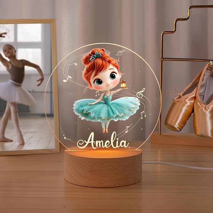 Personalized Ballet Night Light - Custom Name, Cute Acrylic Ballerina LED Light Lamp with Wooden Base for Bedroom Decor, Gifts for Kids Girls