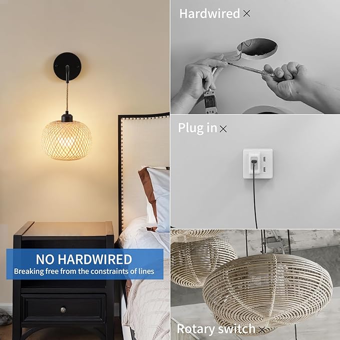 Battery Operated Wall Sconce Set of Two, Bamboo Rechargeable Boho Wireless Sconces with Remote, Dimmable Non-Hardwired Farmhouse Wall Lights for Bedroom Living Room (Black,8 inches)