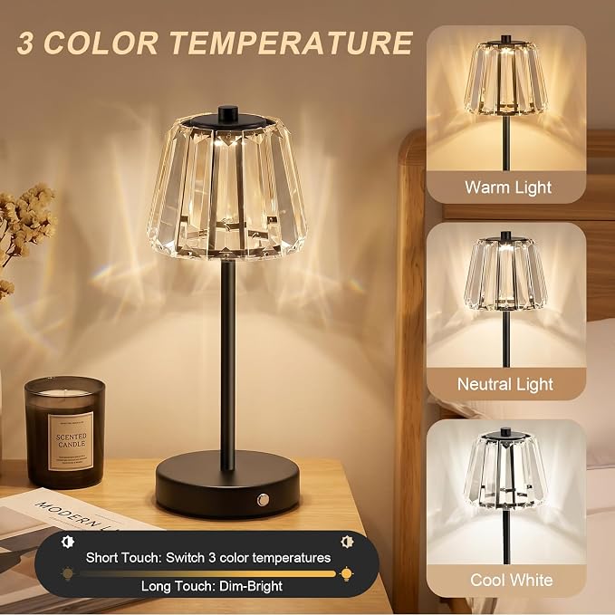 13" Small Crystal Cordless Table Lamp, Touch Rechargeable Desk Lamps | 3 Color Temps, Stepless Dimming, Black Portable Battery Operated LED Desk Lamps for Bedside, Nightstand, Kitchen, Patio, Gift